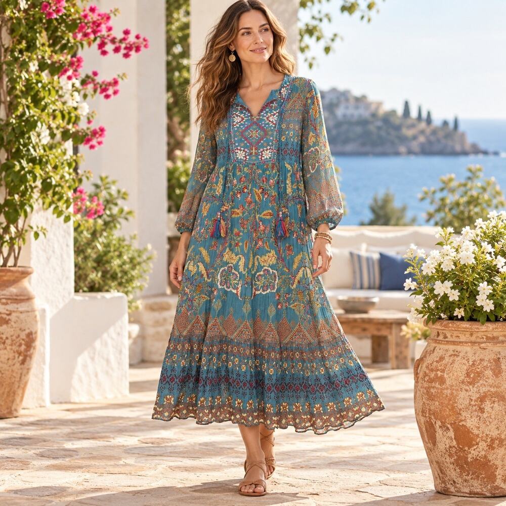 Soft Surroundings Mirapani Long Sleeve Dress PS Teal Embroidered Boho Maxi